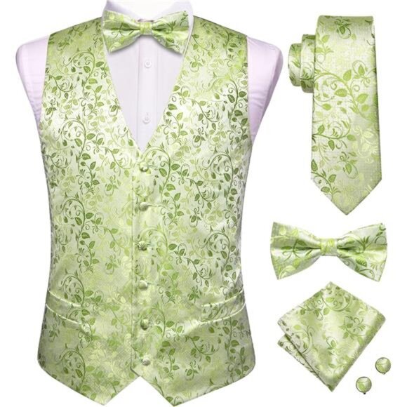 Men's Silk Vest Bowtie Set Formal Suit Vest Jacquard Tie Handkerchief - Picture 1 of 6